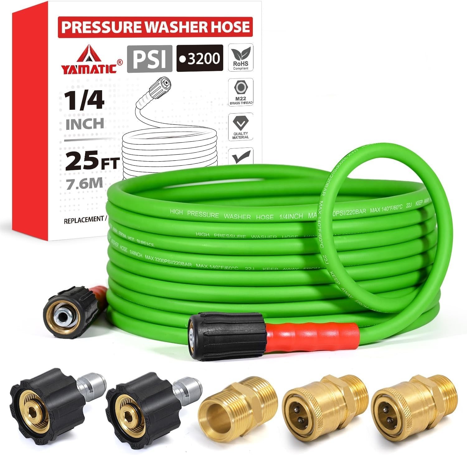 25FT Kink-Resistant Pressure Washer Hose for 3200 PSI, Quick Connect Adapters