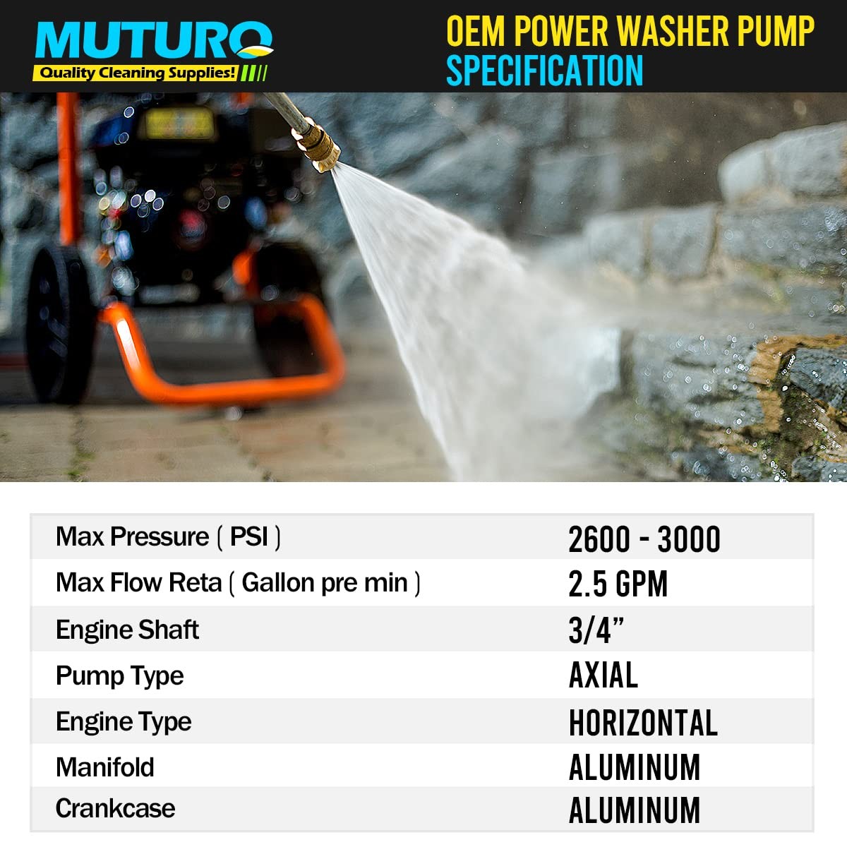MUTURQ 3/4″ Shaft Horizontal Pressure Washer Pump, 2600-3000 PSI, 2.5 GPM, OE…