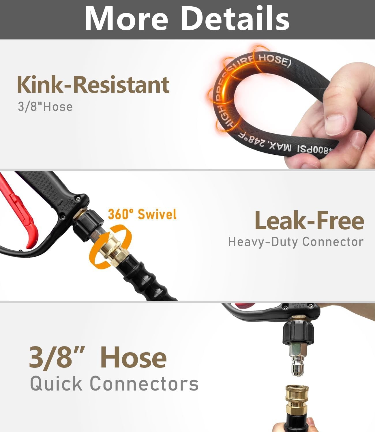 Ultra-Flexible 200FT 3/8″ High Pressure Washer Hose, 4800 PSI with M22 Fittings