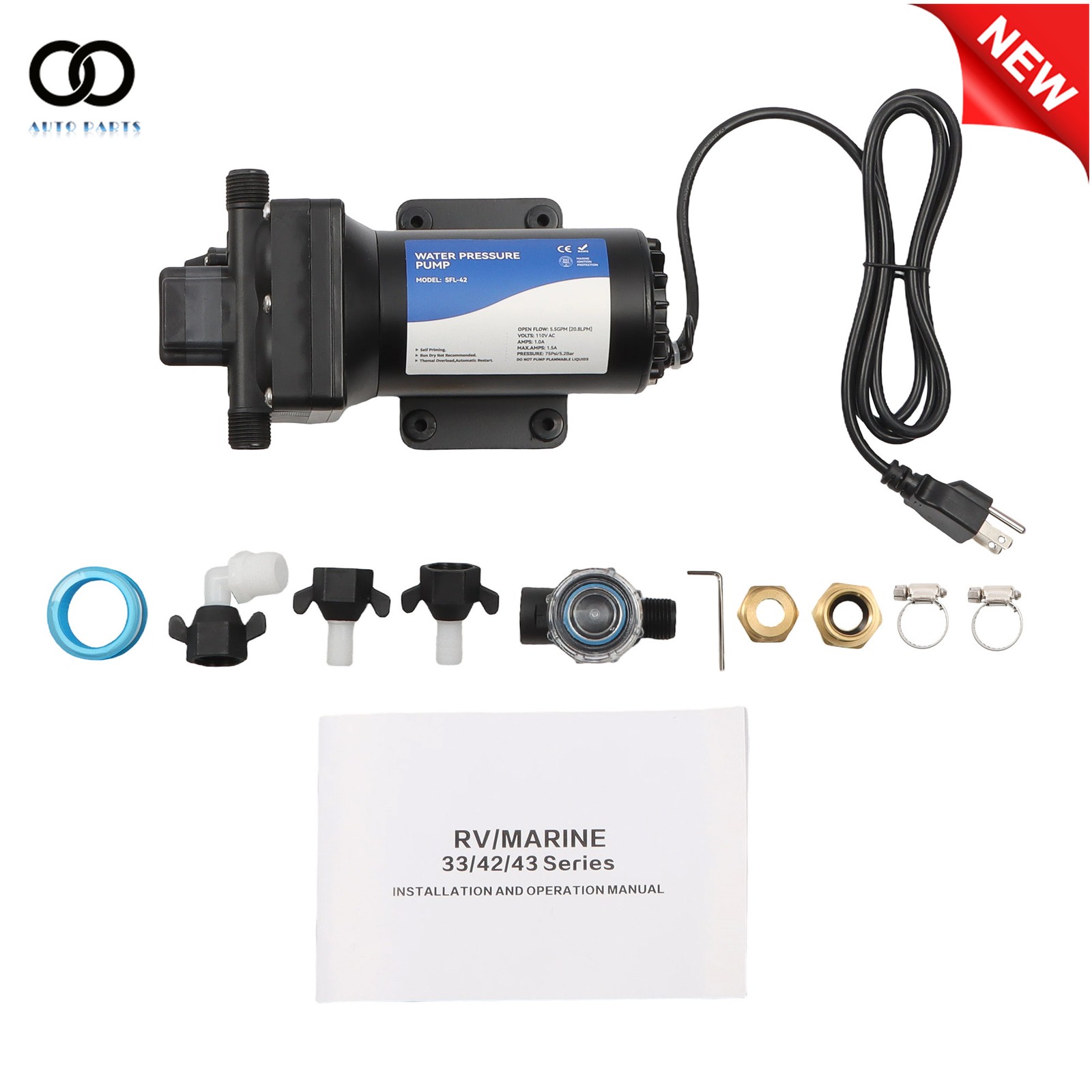 Water Diaphragm Pump 4-chamber 5.5GPM 75PSI 110V AC Self Priming RV Water Pump