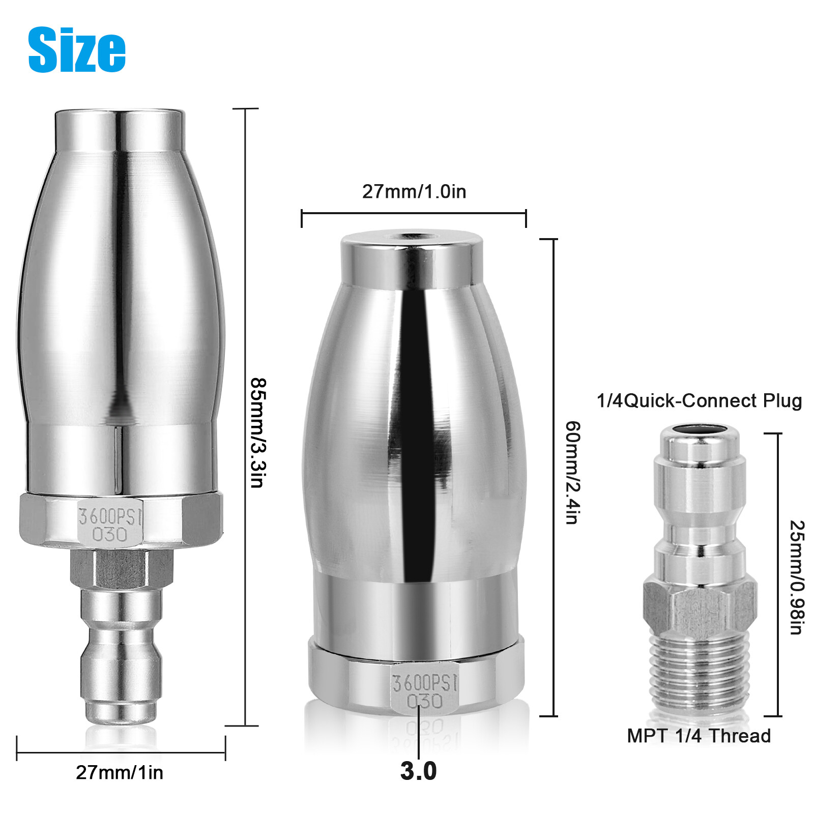 High Pressure Washer 3600PSI Rotating Turbo Nozzle Spray Tip 3.0 GPM 1/4” Quick