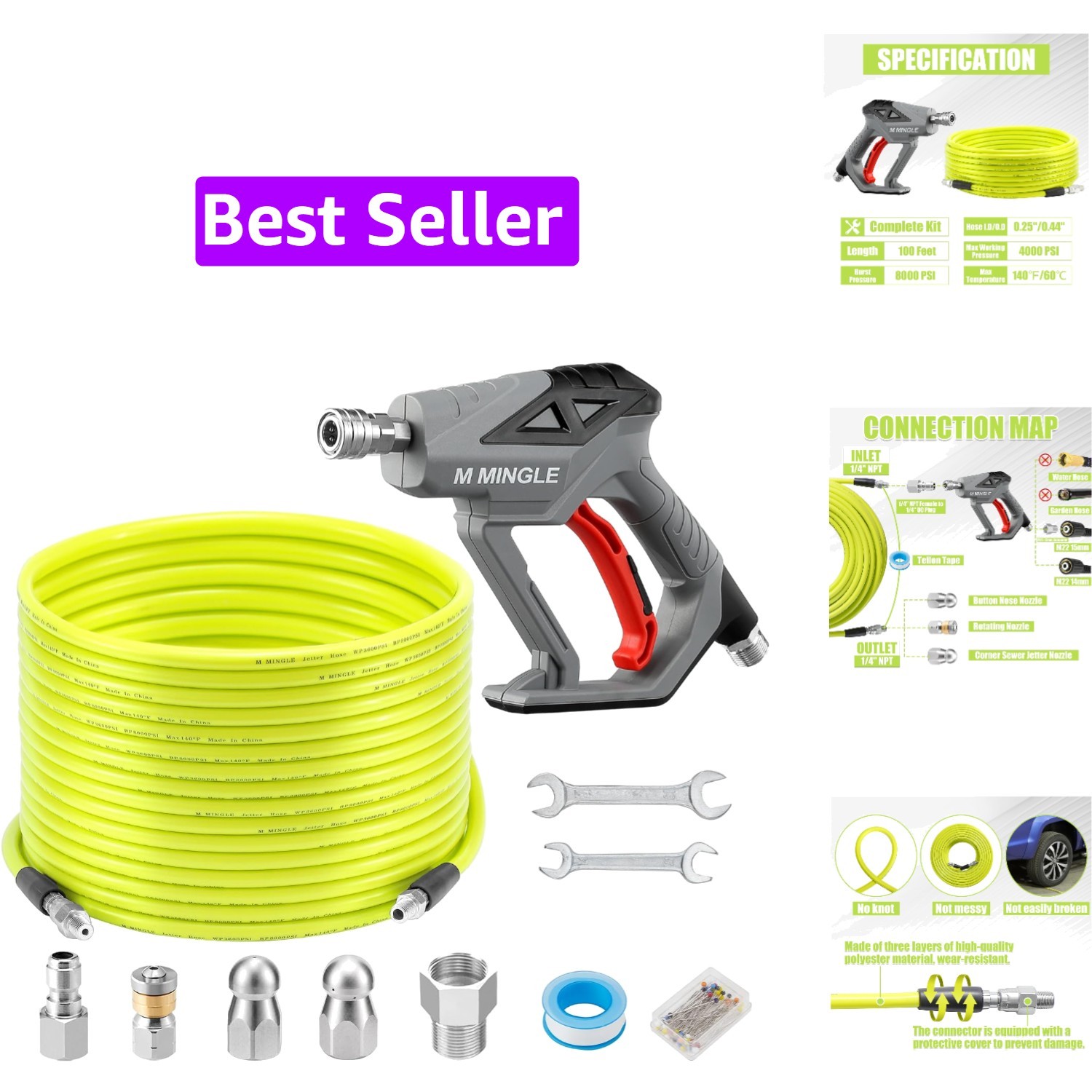 Sewer Jetter Kit for Pressure Washer 100 FT, Drain Cleaner Hose with Power Wa…