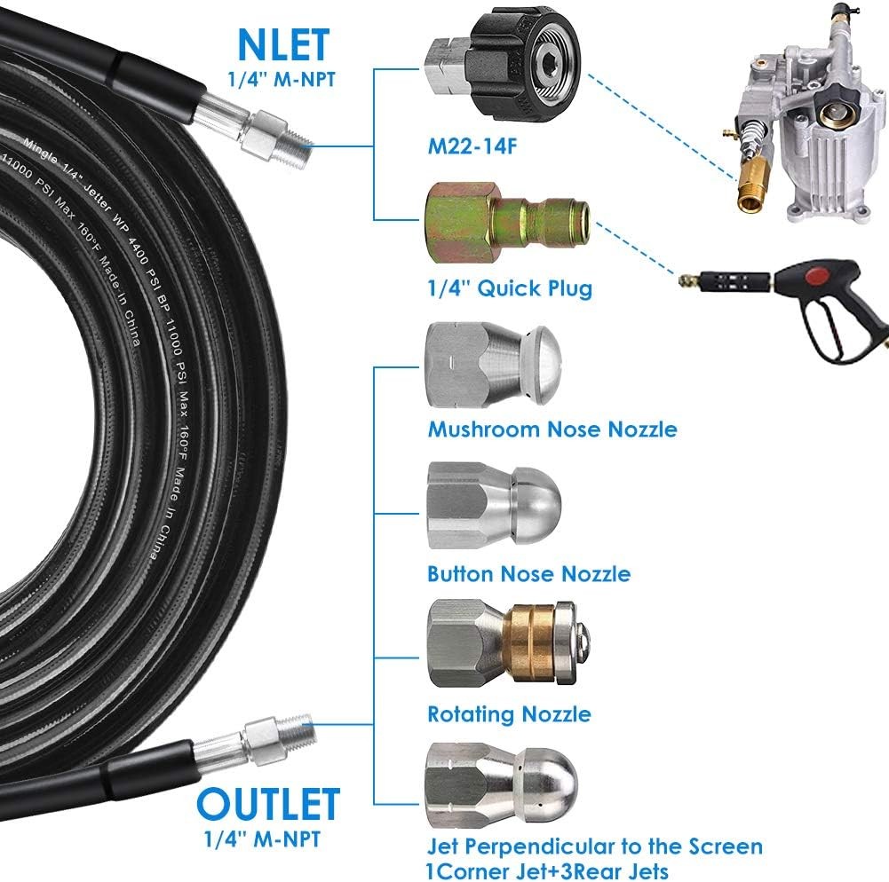 Sewer Jetter Kit for Pressure Washer 100FT, 5800PSI Drain Cleaner Hose 1/4 Inch