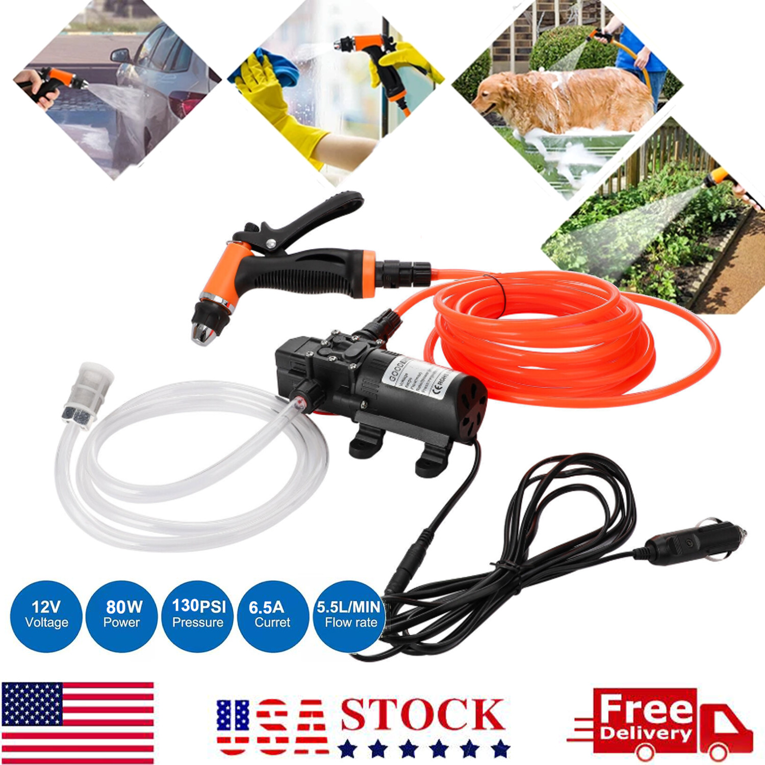 130PSI High Pressure Electric Car Washer Pump Wash 12V Clean Kit Portable 100W