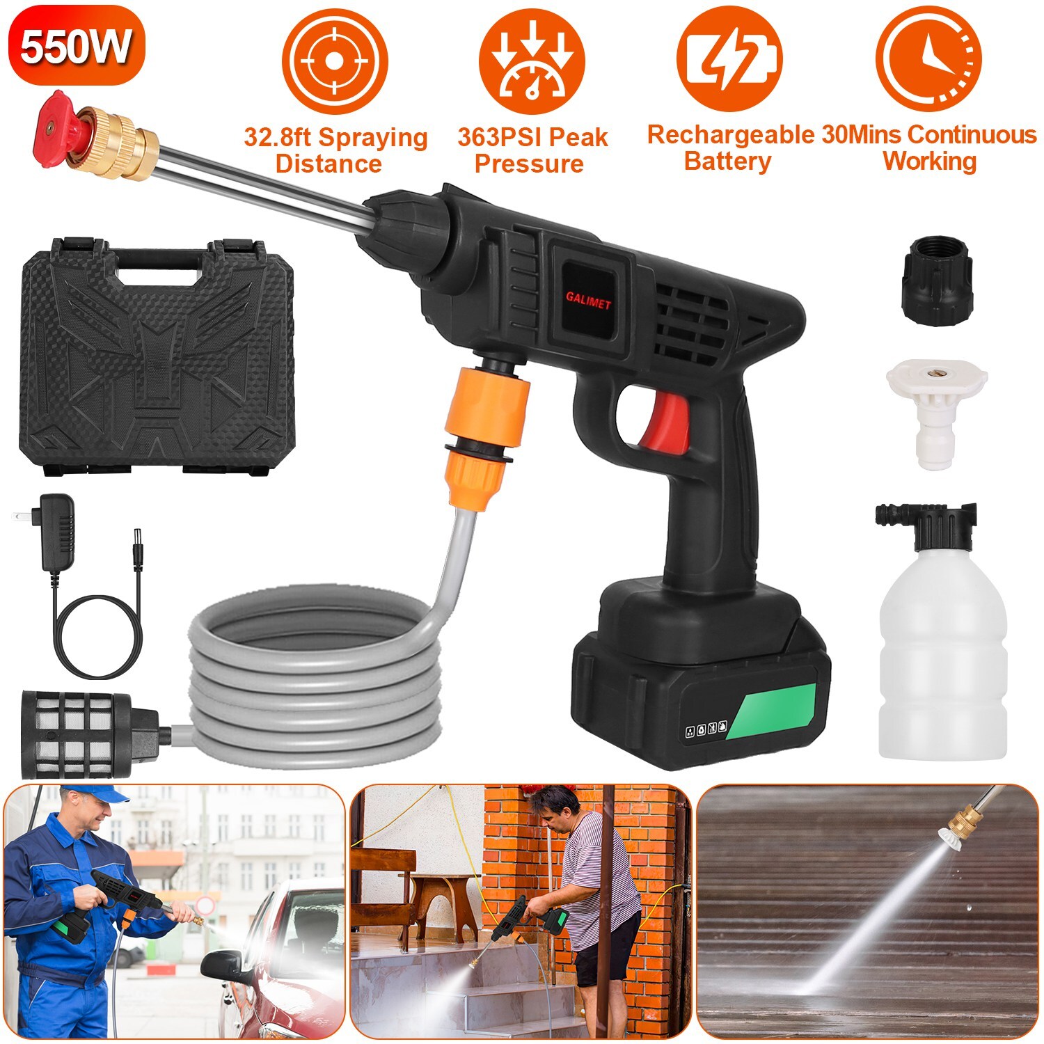 12000mAh Cordless High Pressure Car Washing Gun Pressure Washer Gun w/ 2 Nozzles