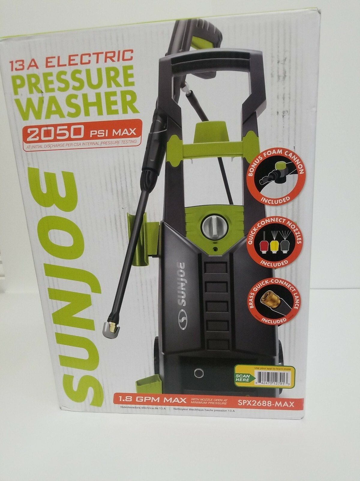 New SUN JOE Electric Pressure Washer SPX2688-MAX 13-Amp 2050 PSI MAX 1.8 GPM