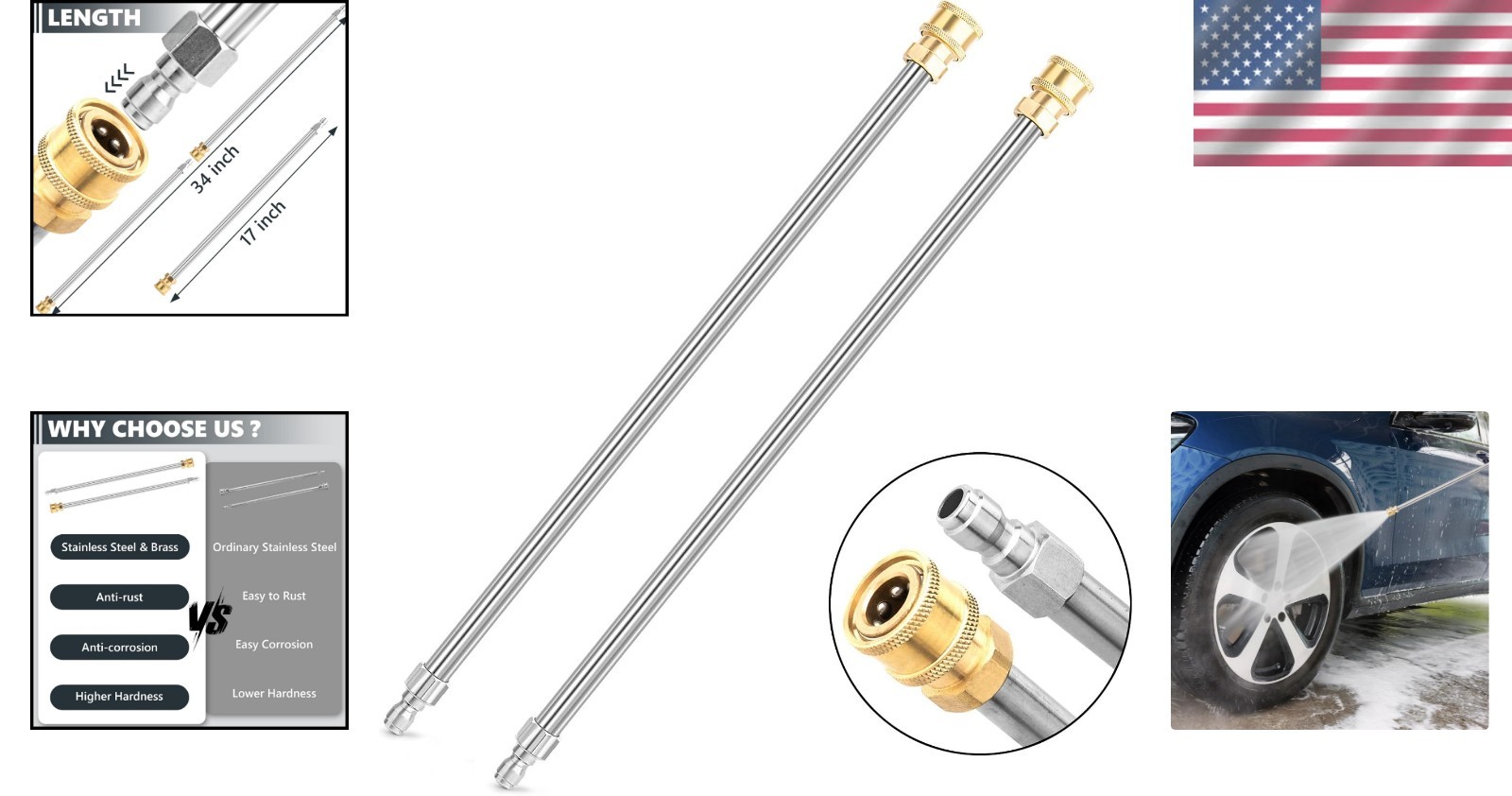 Universal Fit 17-Inch Stainless Steel Pressure Washer Wands – 4000 PSI, 2 Count