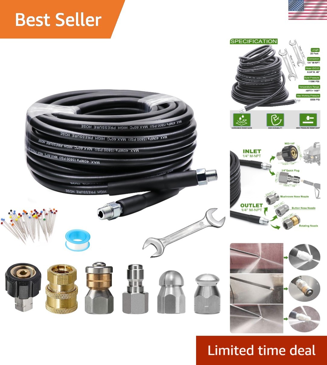 Ultimate 25 FT Sewer Jetter Kit for 5800 PSI Pressure Washing & Clog Removal