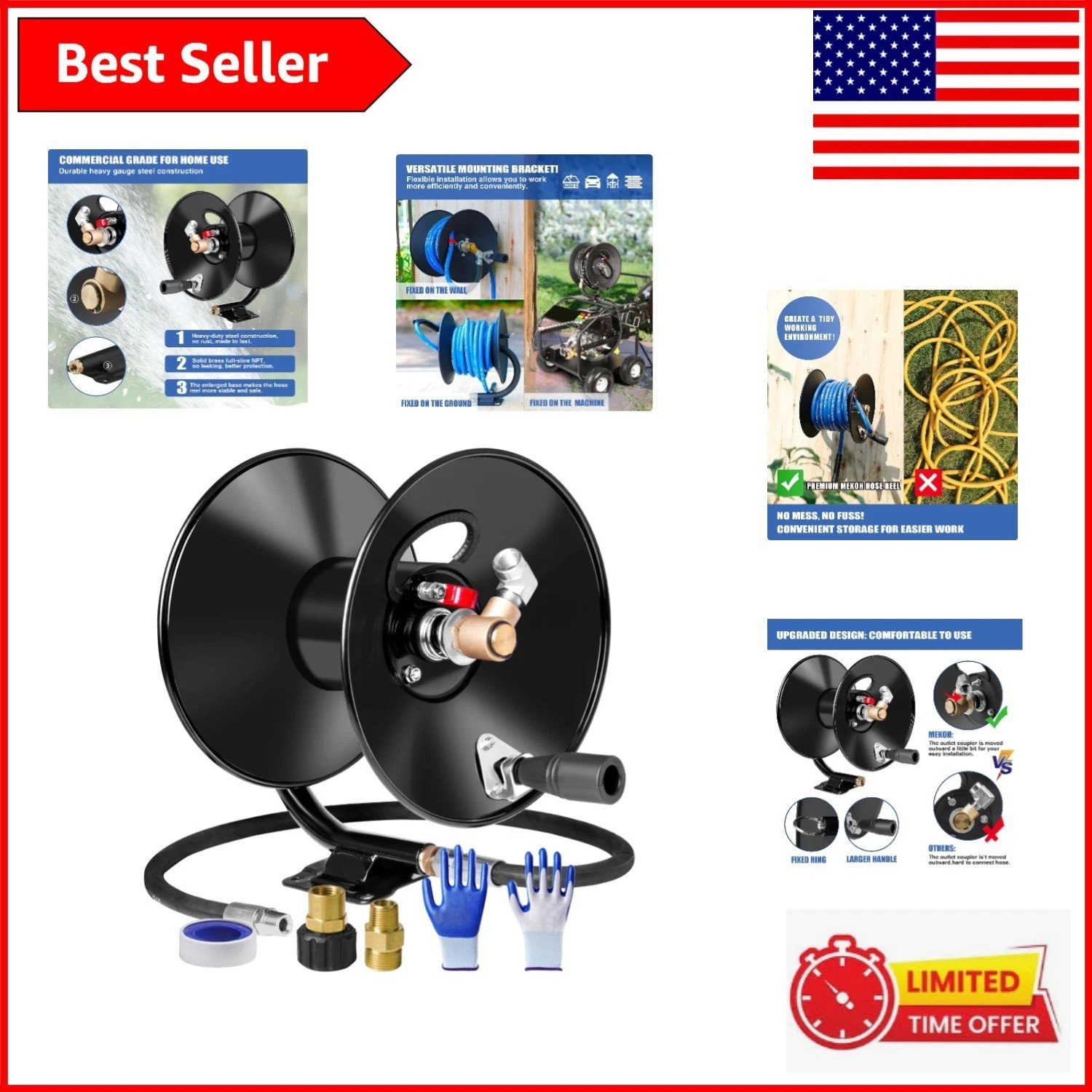 Professional Grade 50ft Pressure Washer Hose Reel – Metal Construction, Safe Use