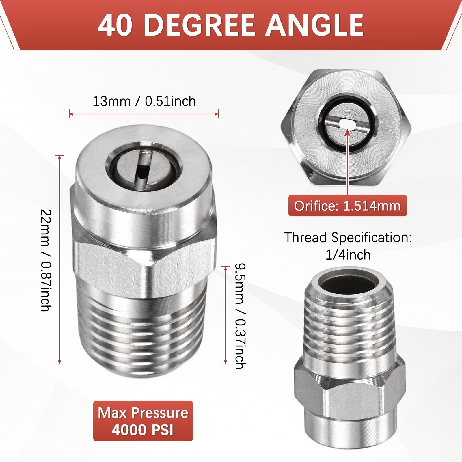 1/4″ NPT 40° Surface Cleaner Tip [2PCS] – Pressure Washer Nozzles [1.514MM Pore]