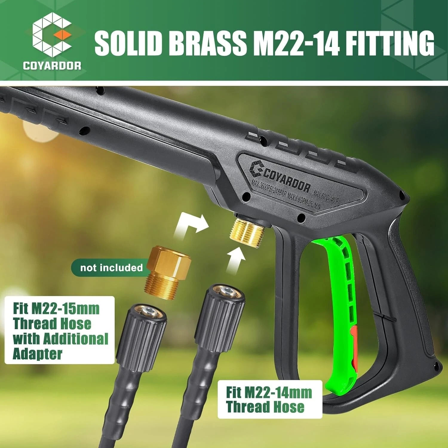 COYARDOR 3600PSI Pressure Washer Gun Extension Wand Nozzle Tips M22-14mm Fitting