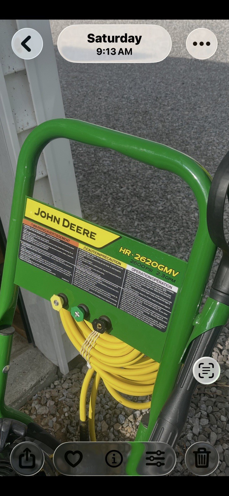 John Deere 3200 PSI Pressure Washer: GHV-2620 Never Seen Fuel New