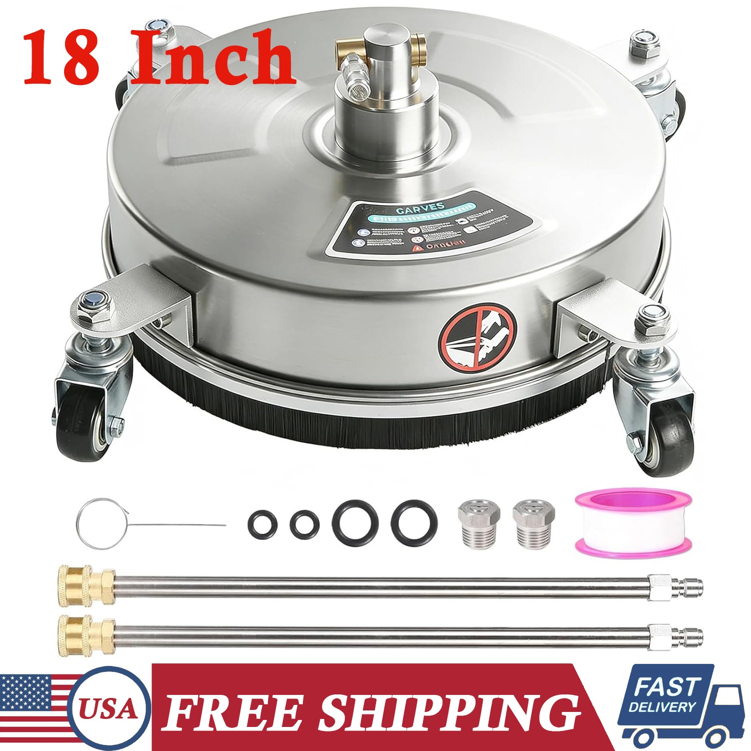 18″ Patio Pressure Washer Surface Cleaner with 4 Wheels Stainless Steel 4000 PSI
