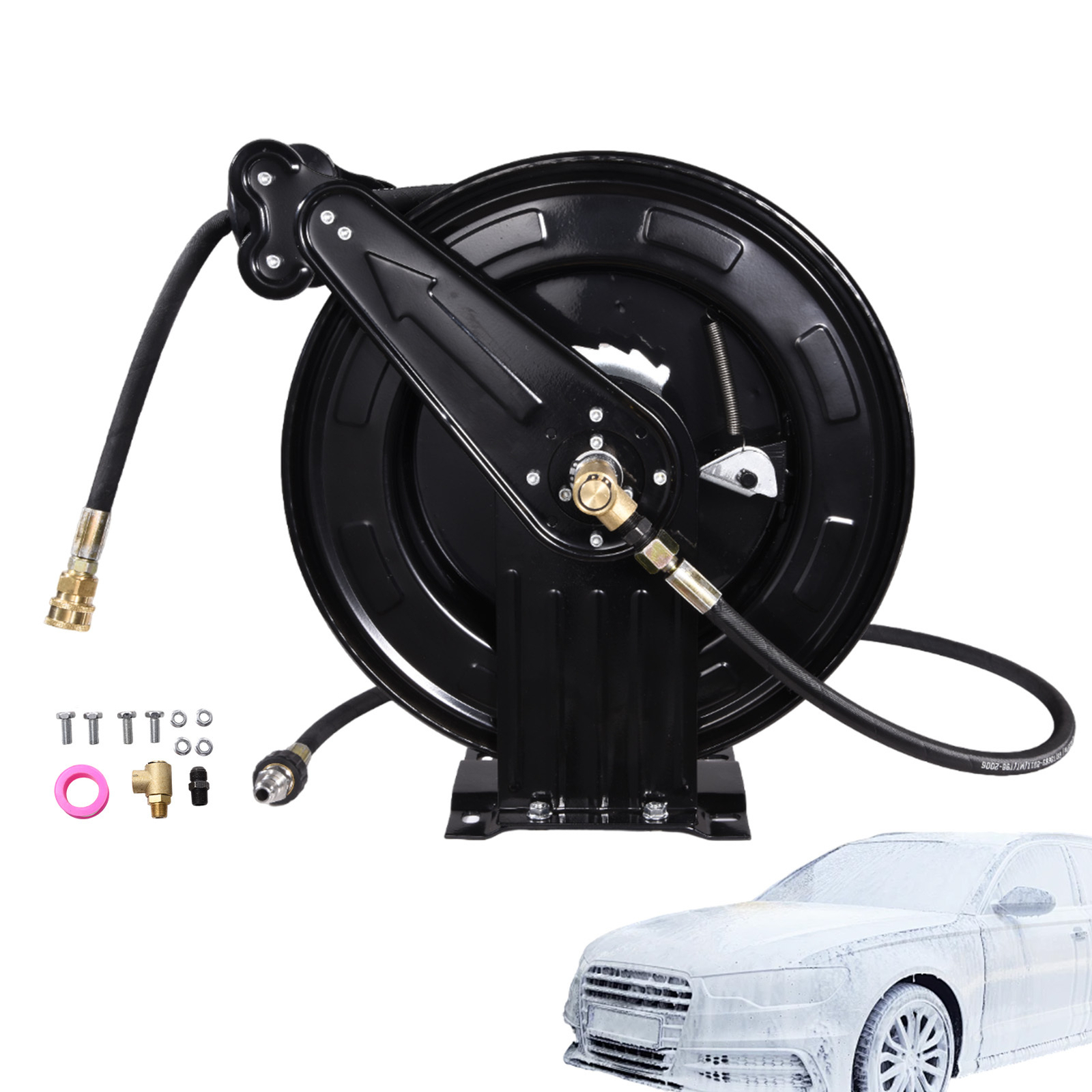 Pressure Washer Hose Reel 50ft with Swivel Arm, 3/8″ NPT Outlet Pipe, 4000 PSI