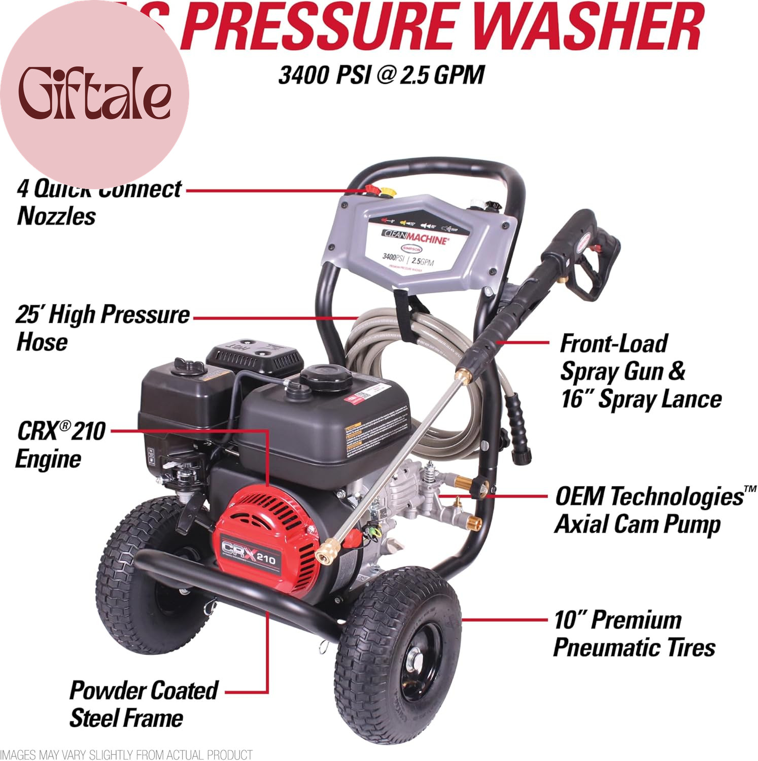 3400 PSI Gas Pressure Washer, 2.5 GPM Residential Power Washer, Cold Water, 25′