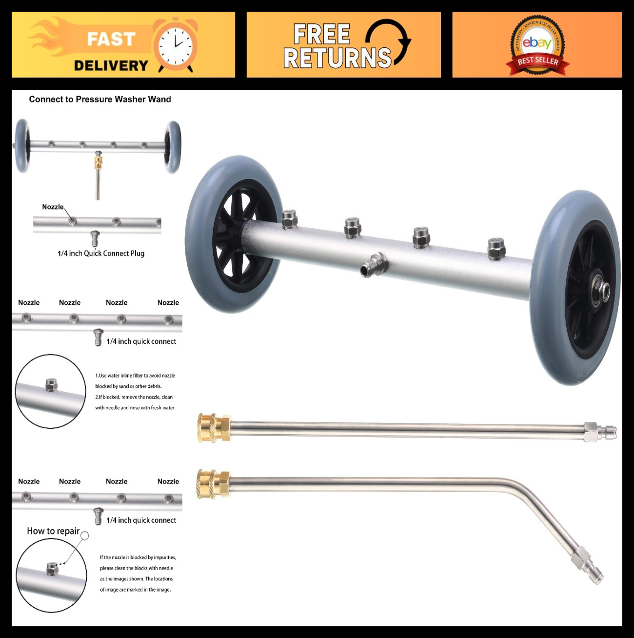 16″ Pressure Washer Undercarriage Cleaner, 4000 PSI, Extension Wand Included