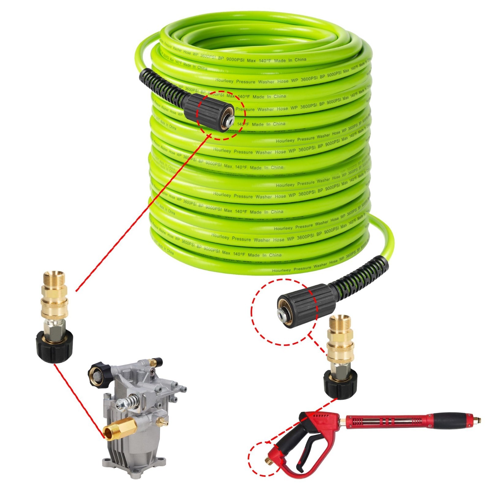 50FT Pressure Washer Hose 3600 PSI, Kink Resistant, Quick Connect Extension, Gre