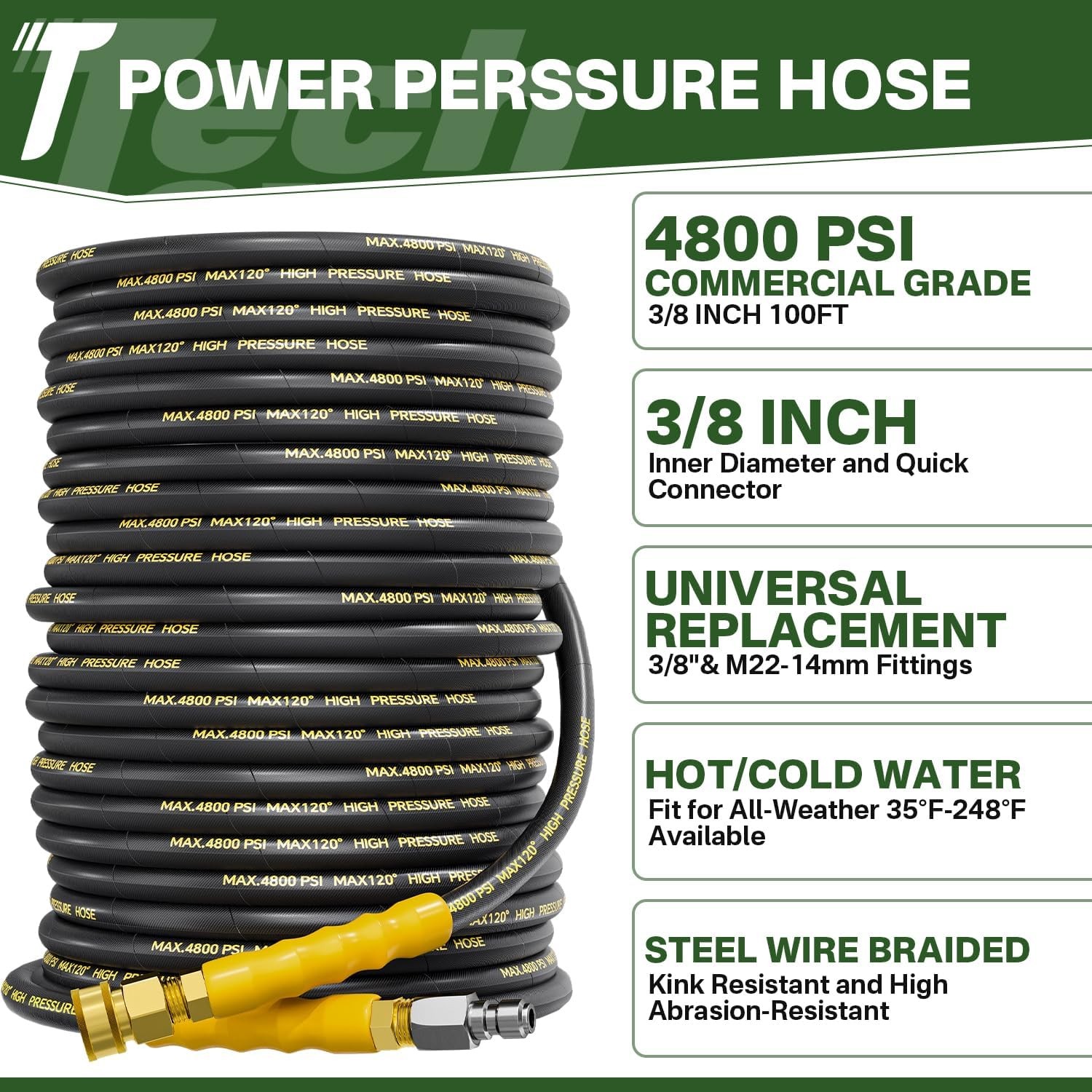 5000PSI Pressure Washer Gun and Hose Kit, 50FT Kink Resistant Steel Braided