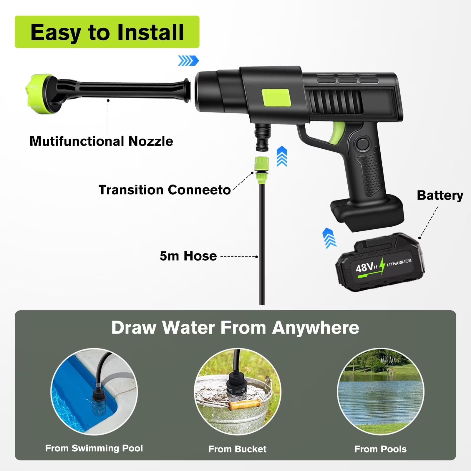 Cordless Electric High Pressure Water Spray Gun Portable Car Washer Cleaner Tool