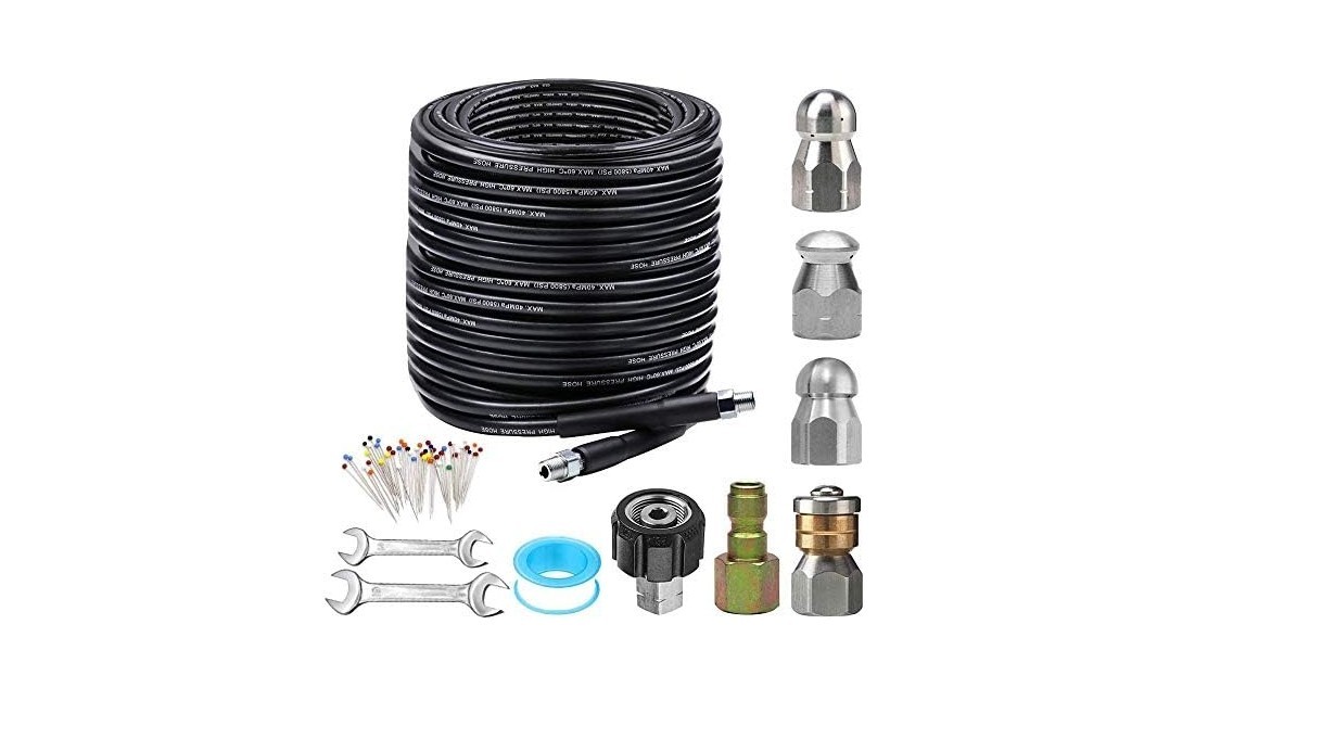 150FT Sewer Jetter Kit for Pressure Washer 5800PSI 1/4″ Drain Cleaner Hose- OB