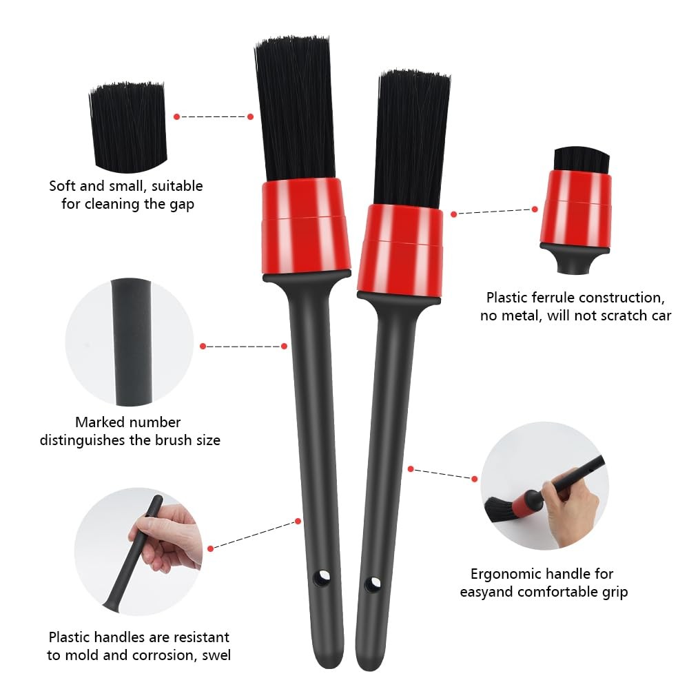 pulwury 9pcs Detailing Brush Set,Interior Cleaning Black, Red, Yellow