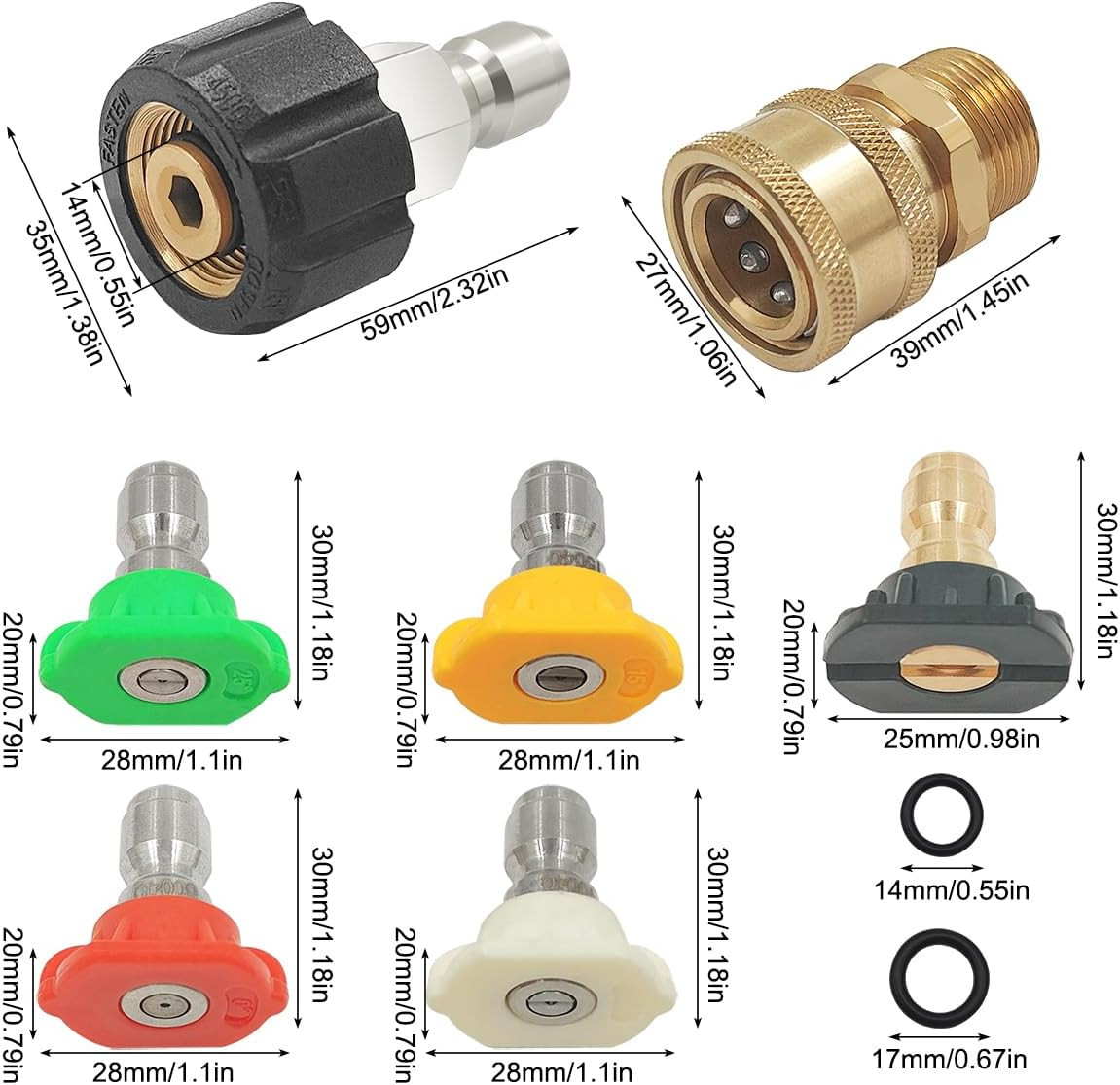 5 Pcs Pressure Washer Spray Nozzles + 2 M22 14Mm Quick Connect Kit + 10 O-Rings