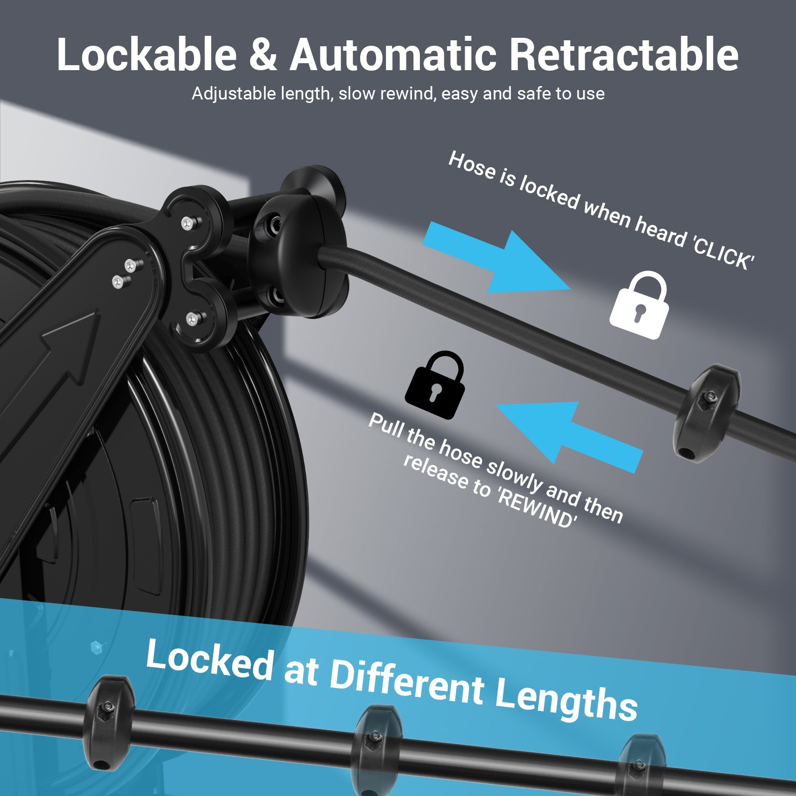 Retractable Air Hose Reel 3/8 IN x 50 FT Hybrid Enclosed Air Hose 300 PSI