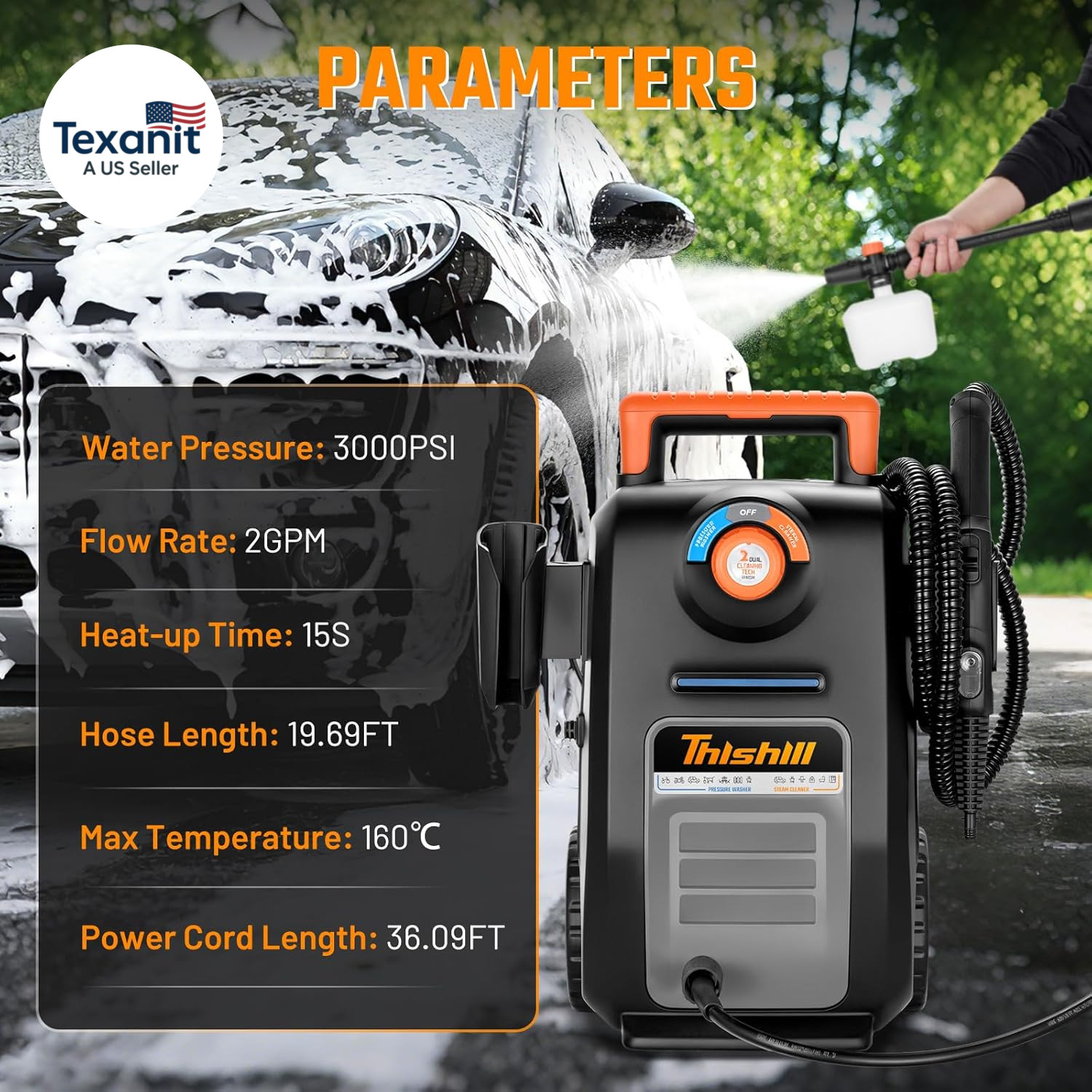 2 in 1 Pressure Washer & Steam Cleaner, 2GPM 3000PSI with High Pressure Cleaner,