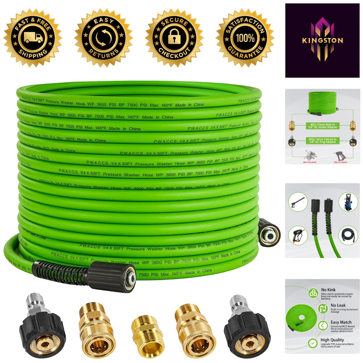 3600 PSI Kink Resistant Pressure Washer Hose – 50 FT x 1/4