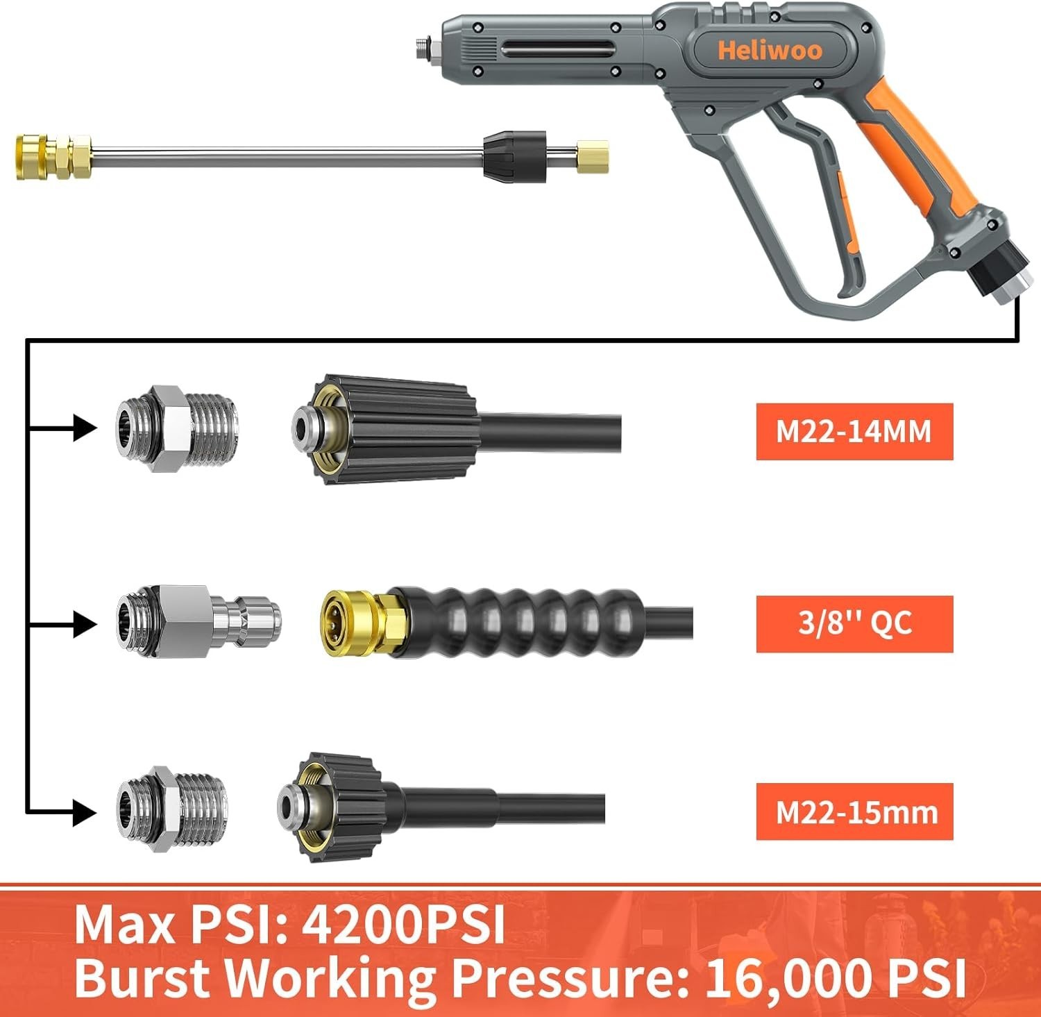 50FT Power Washer Hose with Flexible Extension Wand & 3600 PSI Gun for Easy Use