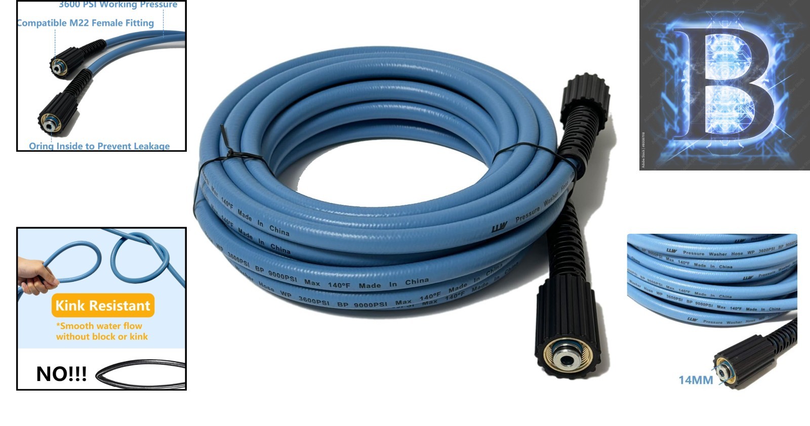 Versatile 25FT 1/4-inch Pressure Washer Hose with M22 Connector for All Machines