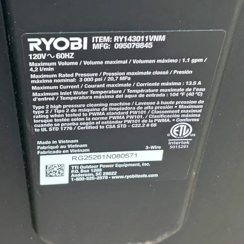 RYOBI 3000 PSI 1.1 GPM BRUSHLESS ELECTRIC PRESSURE WASHER RY143011 – UNIT ONLY