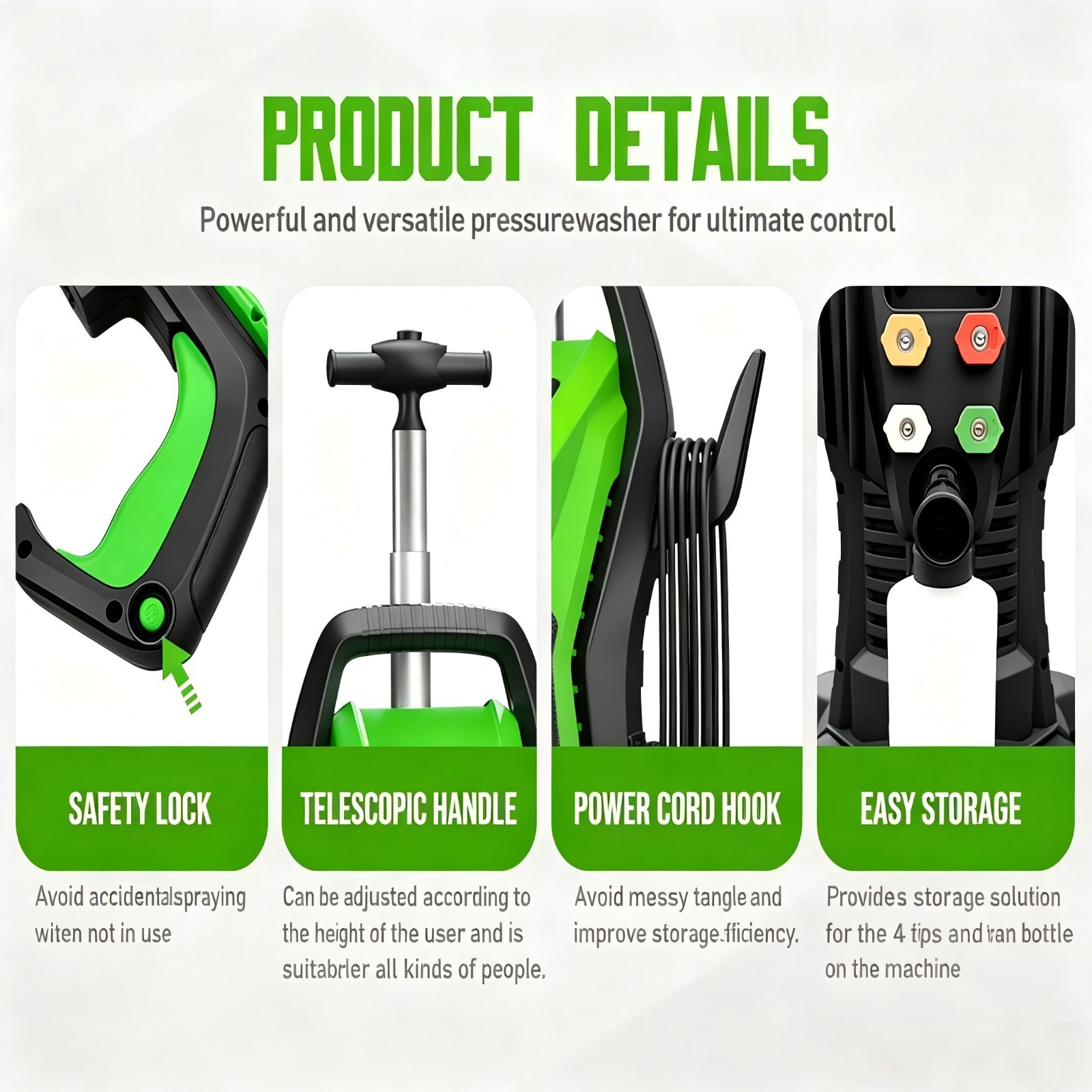 Pressure Washer 4500PSI 3.9GPM, 15-Level Touch, 4 Wheels, 4 Nozzles, for Car