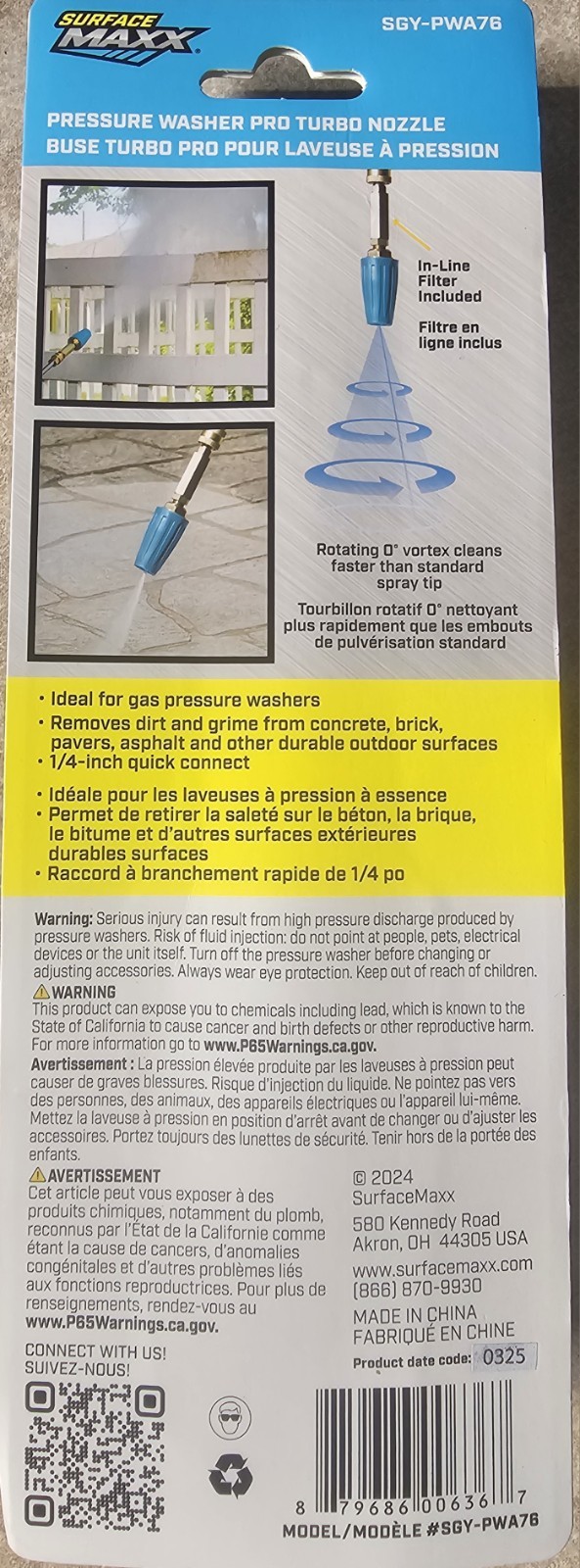 Suface Maxx Pressure Washer Pro Turbo Nozzle 4500 Max PSI SGY-PWA76
