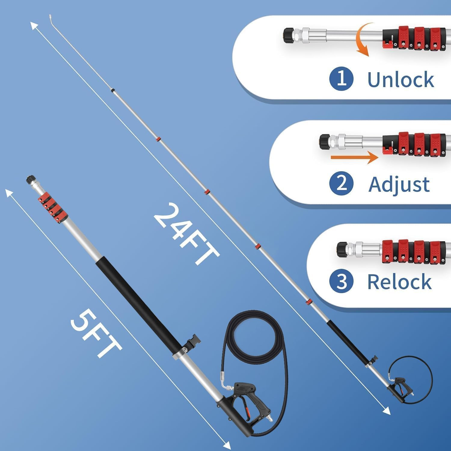 24FT Telescoping Pressure Washer Wand Kit – 2 Extension Poles, Gutter Cleaner, B
