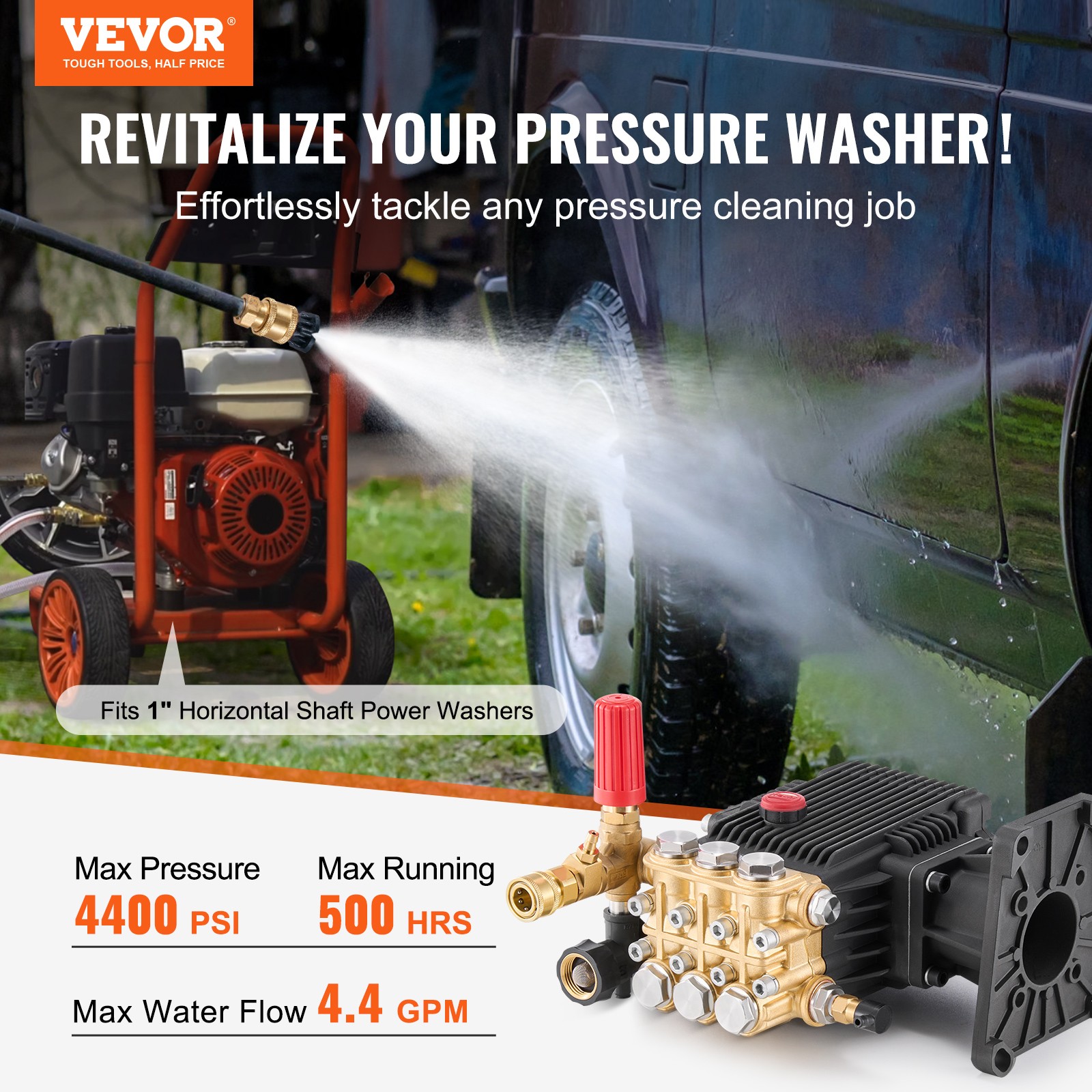 VEVOR Pressure Washer Pump 1″ Shaft Horizontal Triplex Plunger 4400 PSI 4.4GPM