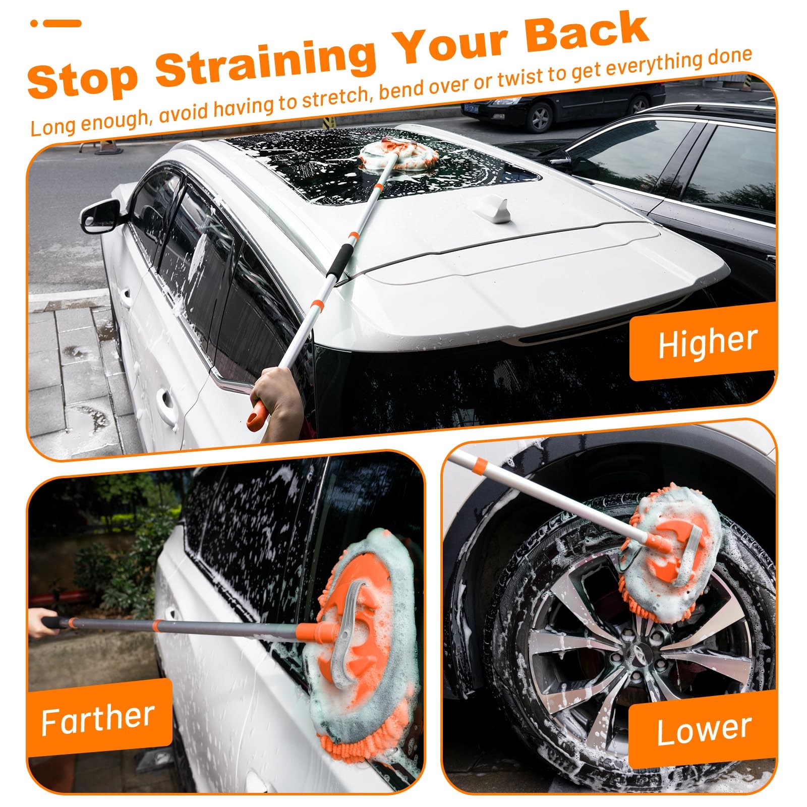 Ordenado 62″ Car Wash Brush Kit Mitt Mop Sponge with Long Handle D-orange
