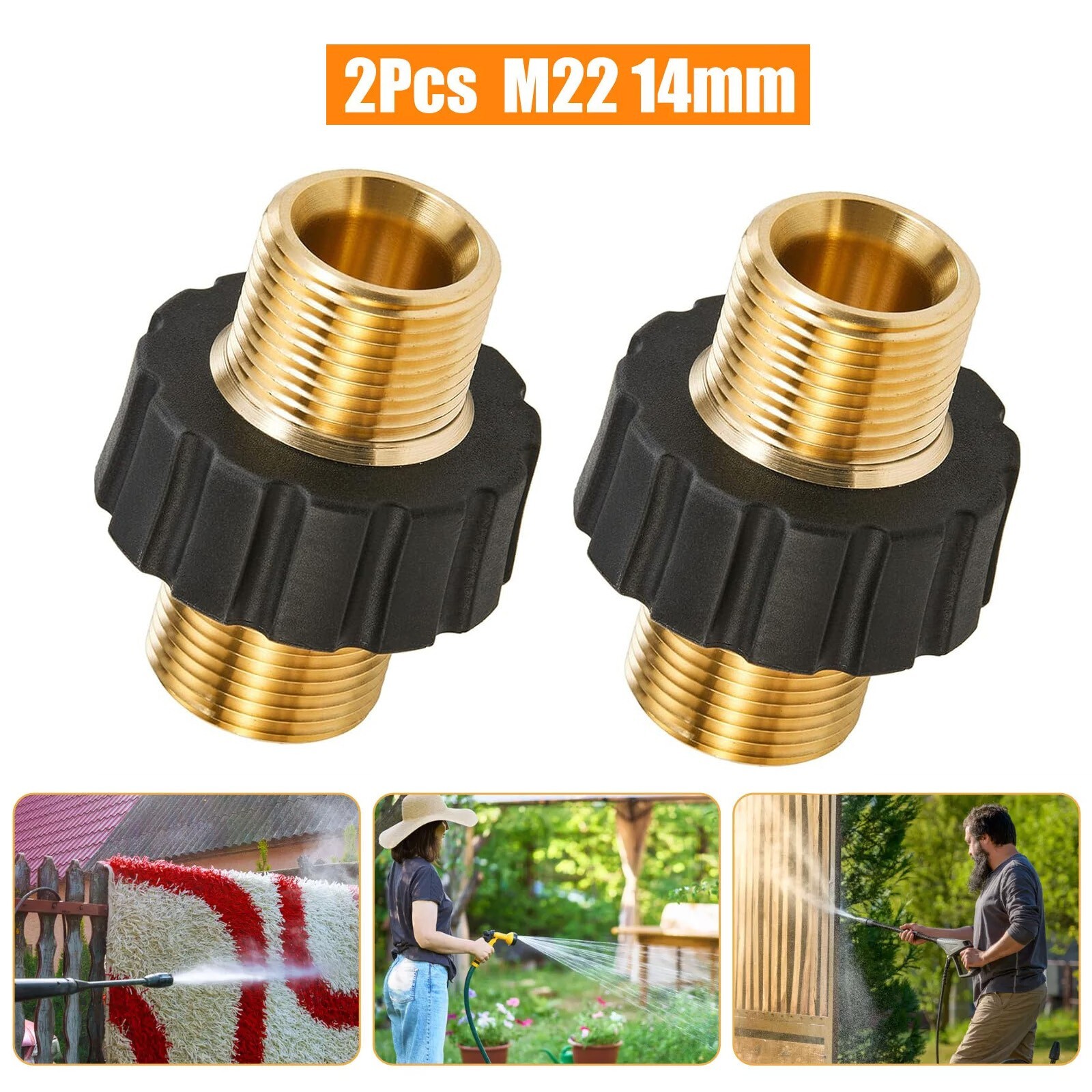 2Pcs Brass Pressure Washer Connector Quick Connect Fitting M22-14mm Hose Adapter