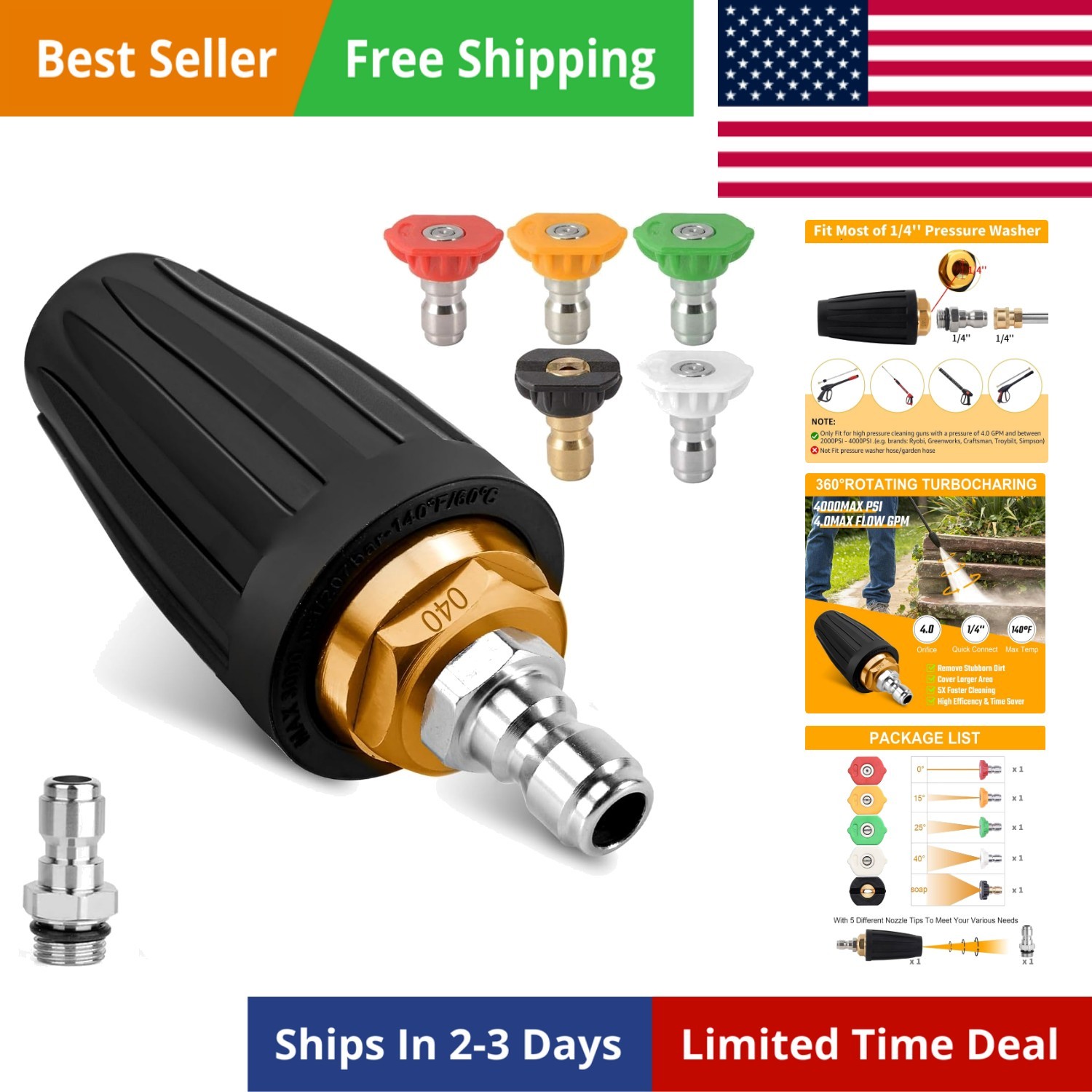 Pressure Washer Turbo Tip Max 4000PSI Turbo Nozzle Kit 360° Rotating Presure …