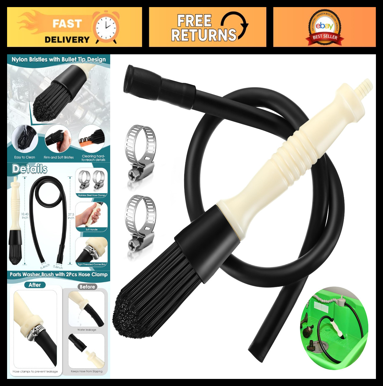 27.5″ Flow Hose Parts Washer Brush – Wear Resistant Cleaning Tool for Auto Detai