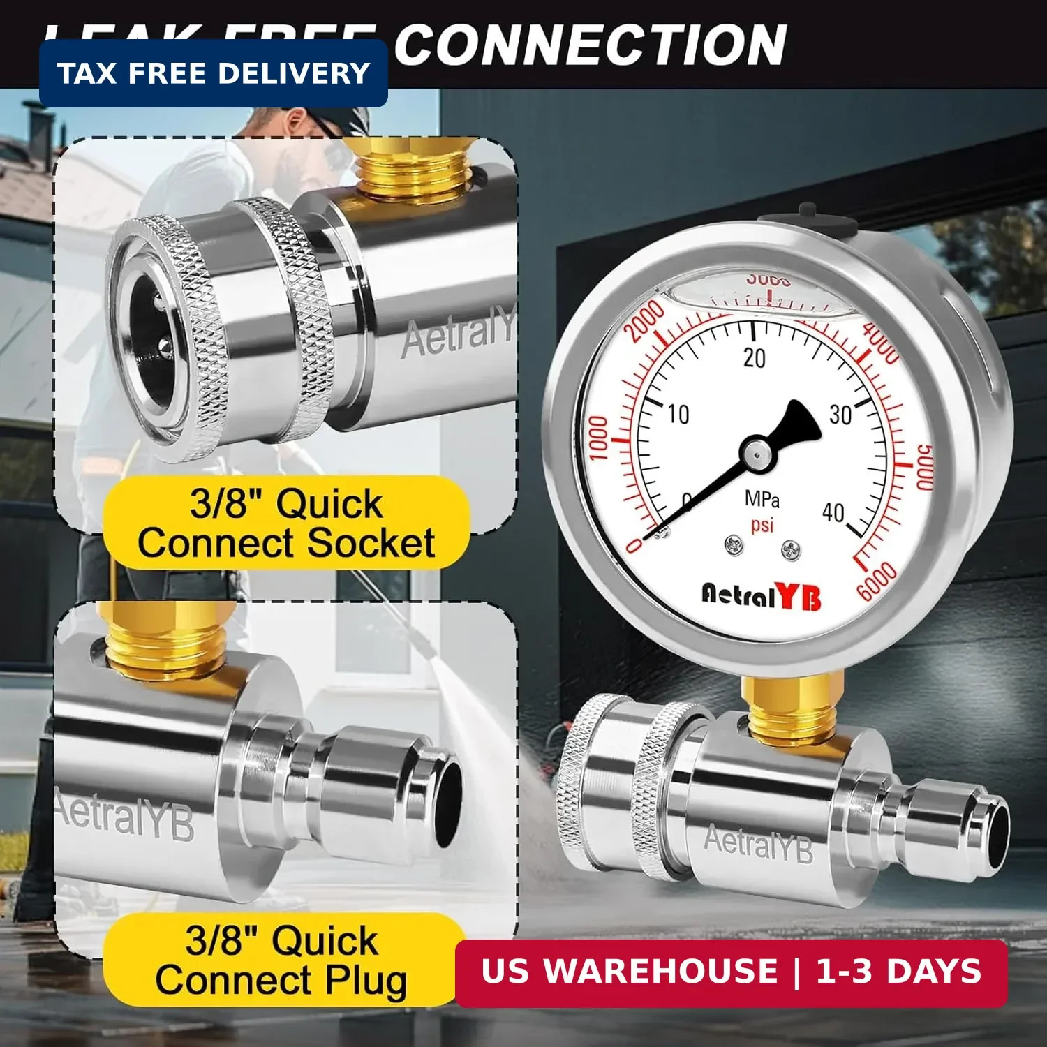 Pressure Washer Gauge with 3/8 Inch Quick Connect, Heavy-Duty Pressure Gauge for