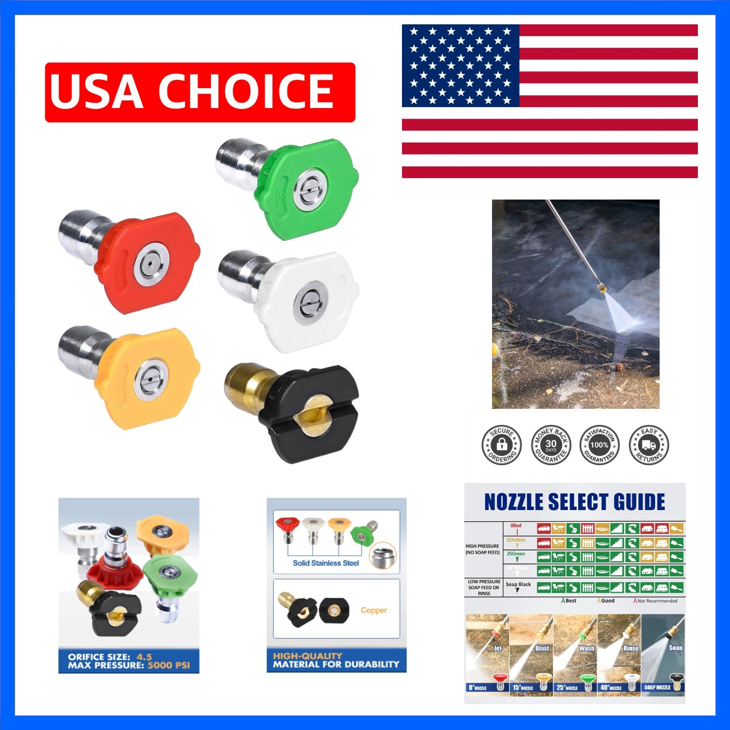 Pressure Washer Nozzle Tips, 4.5 Orifice, Design Up to 5000 PSI, Multiple Deg…