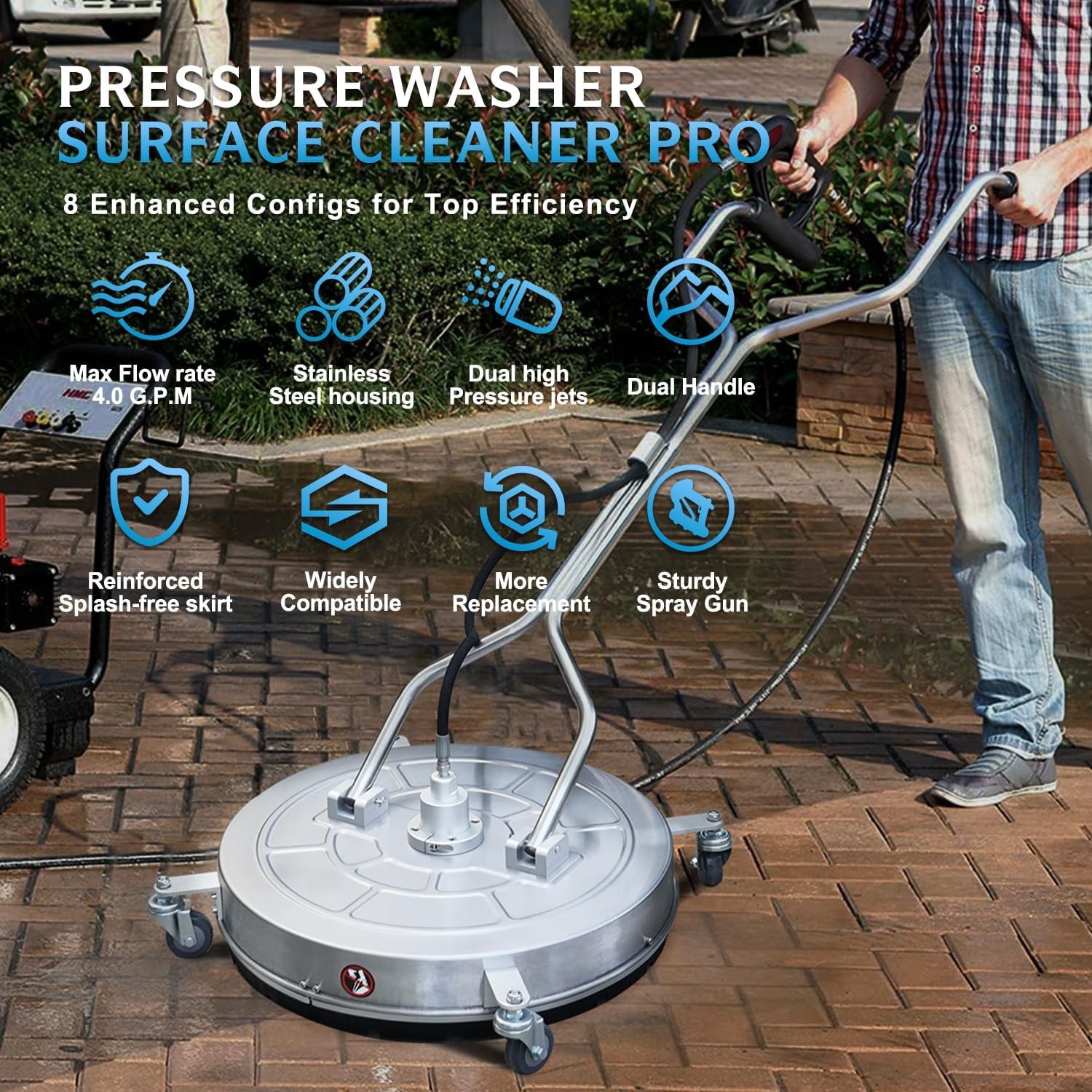 RAYNEL 24” Pressure Washer Surface Cleaner with 4 Wheels, Dual Handle, Stain…