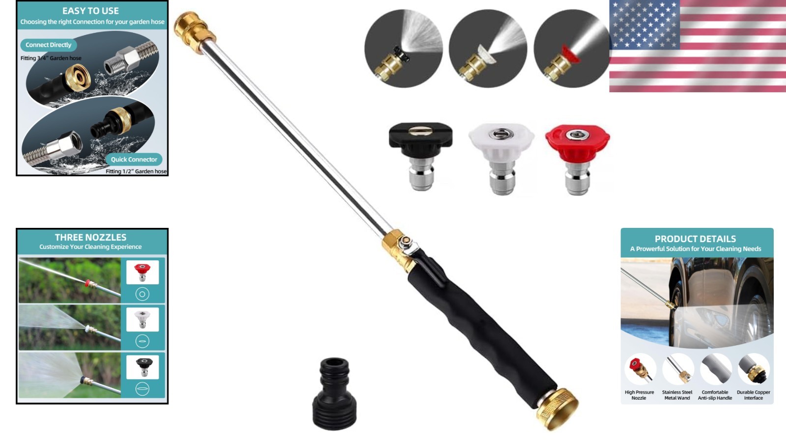 Jet Nozzle High Pressure Hose Nozzle with 3 Nozzles, Black