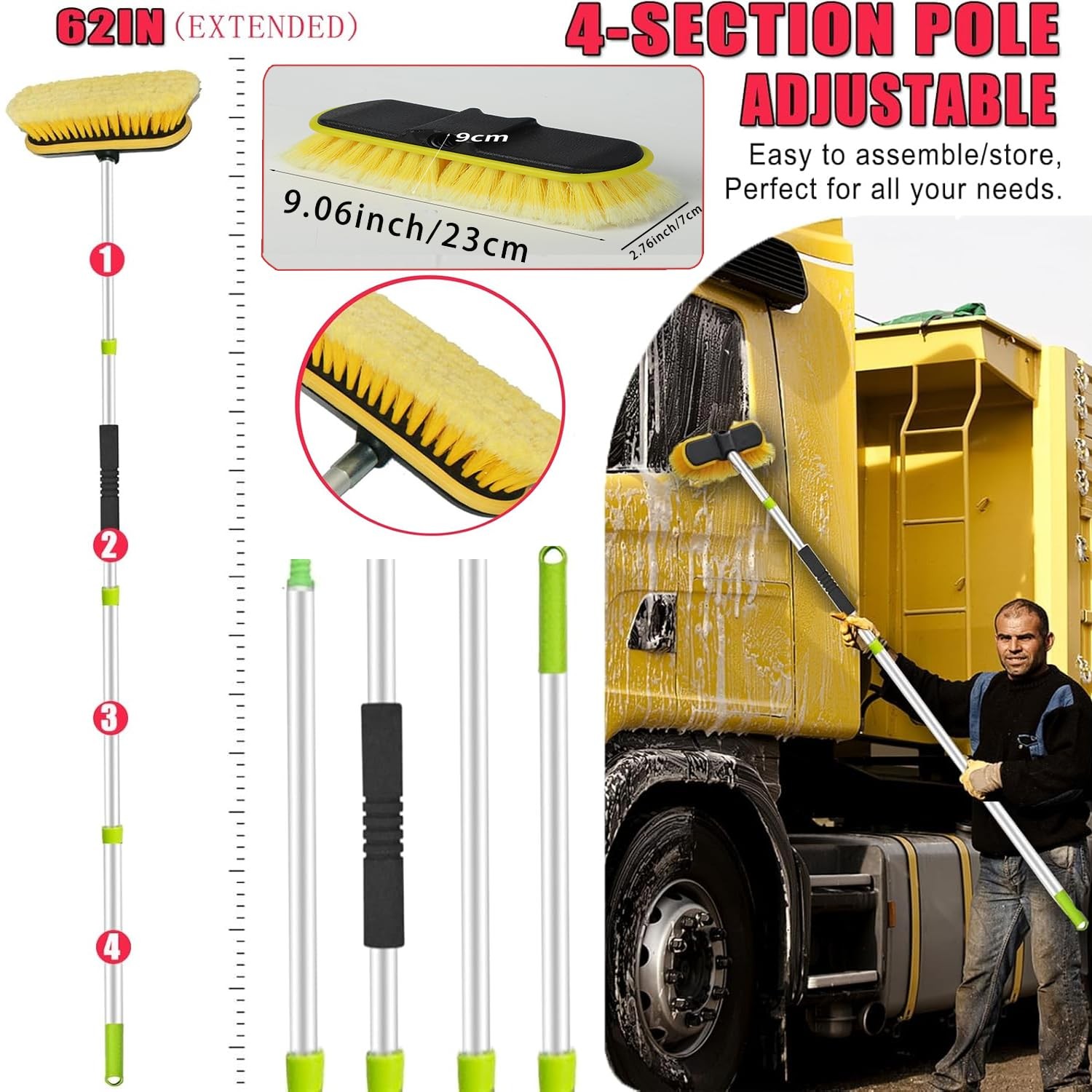 DGHEYQT 62” Car Wash Brush with Long Handle, Kit 8Pcs, Yellow