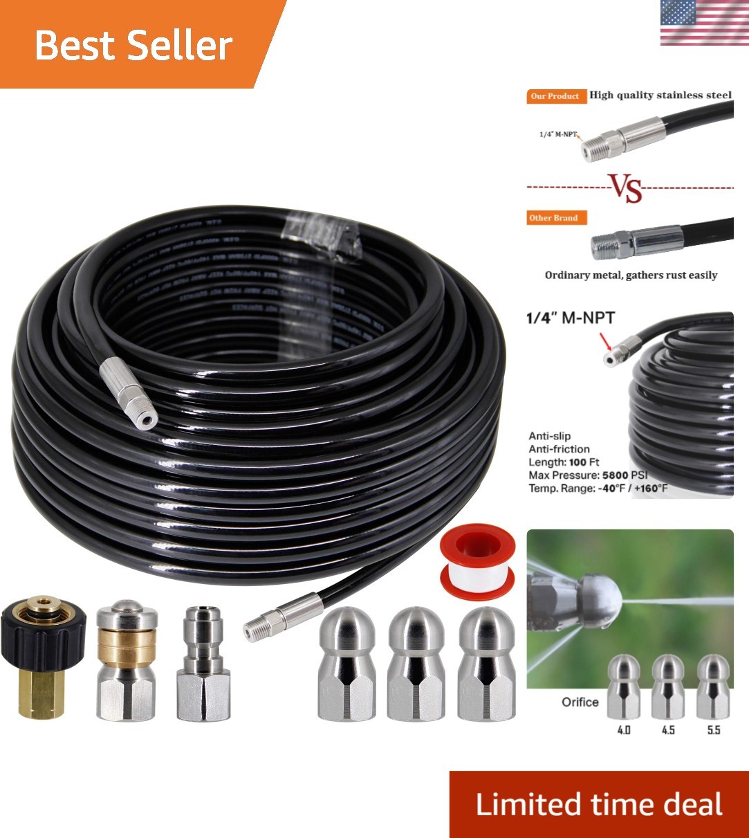 Pressure Washer Sewer Jetter Kit 100 ft Hose Nozzle Replacement