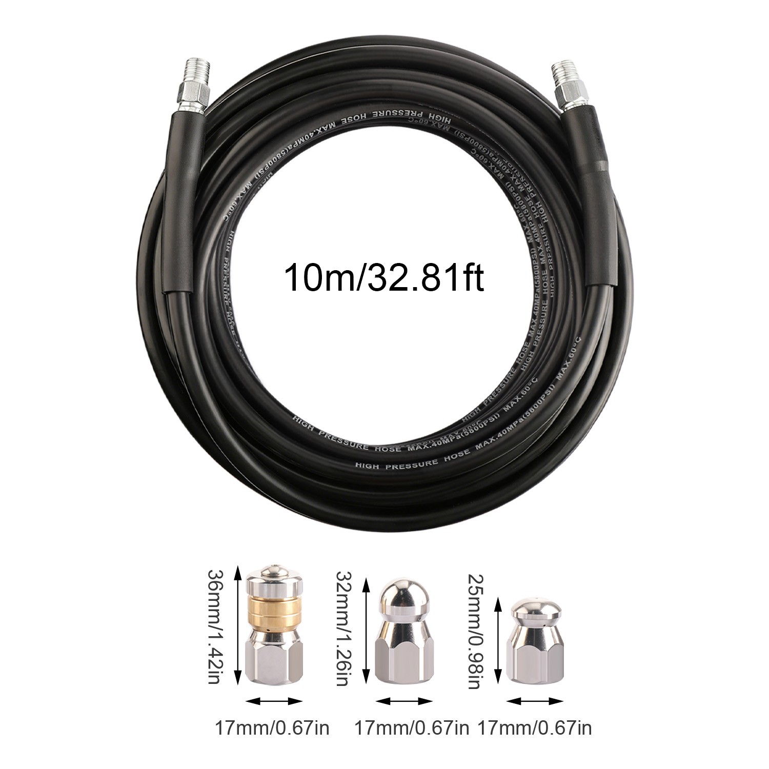 32.8FT Sewer Jetter Nozzles Kit Drain Cleaning Hose for Pressure Washer 5800PSI