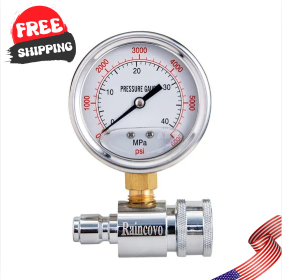 Pressure Washer Gauge, 6000 PSI, 3/8 Inch Quick Connect, Pressure Gauge