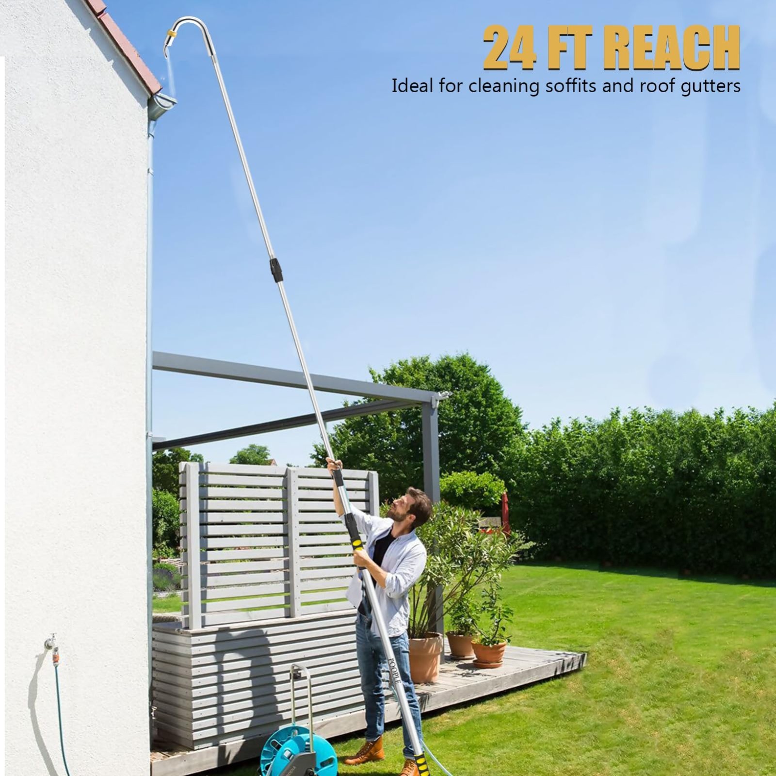 24FT Telescoping Gutter Cleaning Tool, 360° Metal Head Wand & Hose Adapter