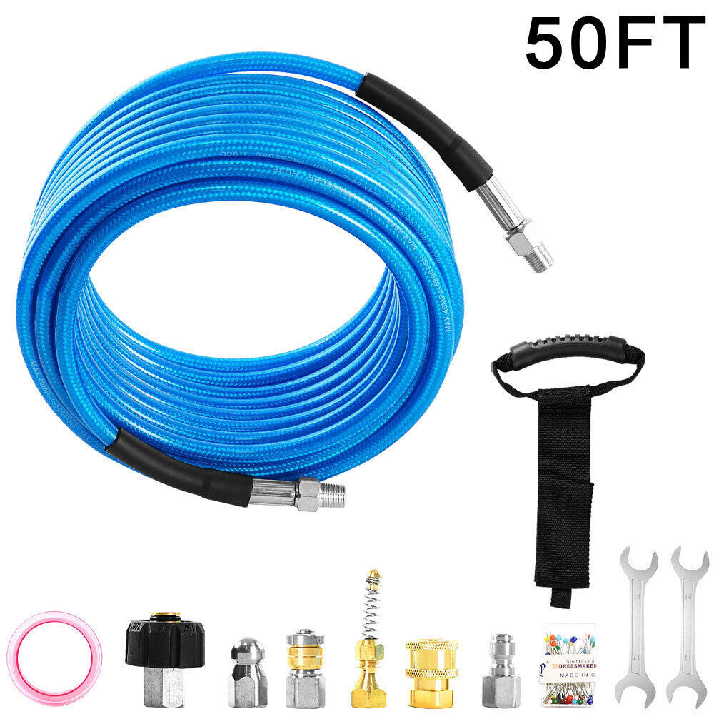 Sewer Jetter Kit for Pressure Washer Drain Cleaner Hose 50FT 1/4″ M-NPT 5800PSI